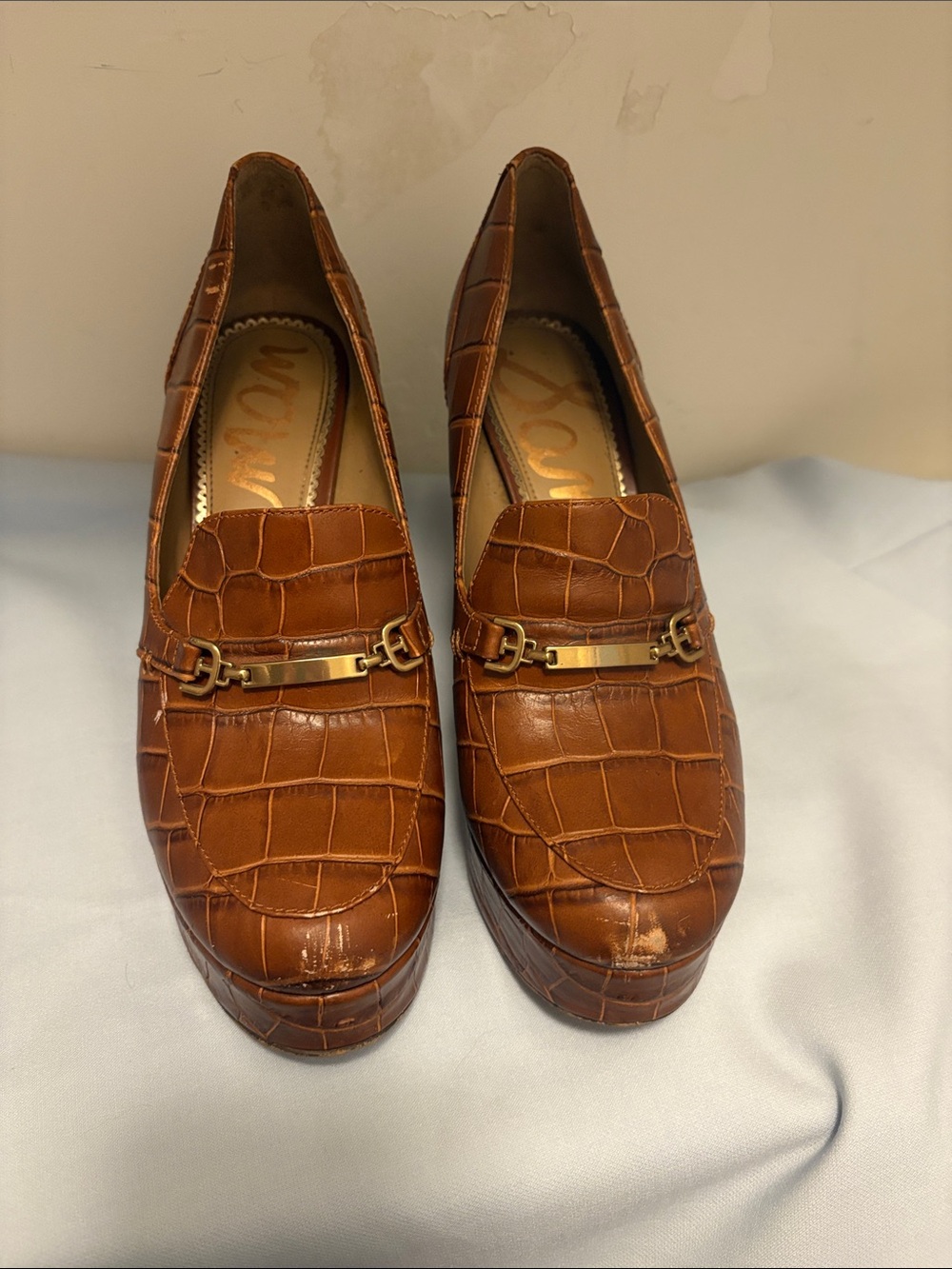 Sam Edelman Brown Croc-Embossed Loafers with Gold Bit